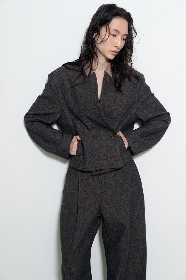 打褶羊毛錐形西褲 (褐棕)