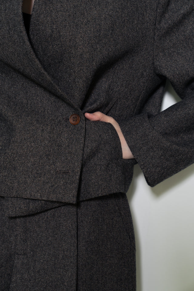 拼接領收腰短版西外 (褐棕)