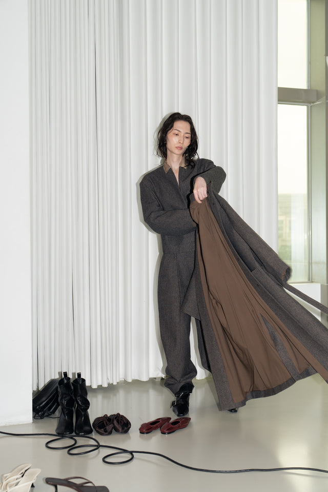 風衣式長版羊毛大衣 (褐棕)