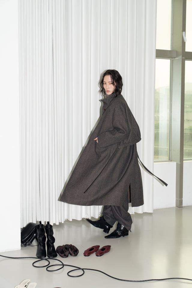 風衣式長版羊毛大衣 (褐棕)