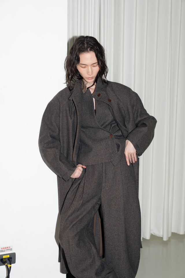 風衣式長版羊毛大衣 (褐棕)