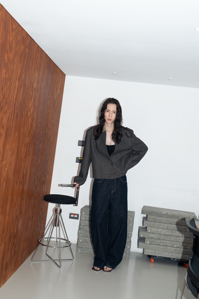 拼接領收腰短版西外 (褐棕)