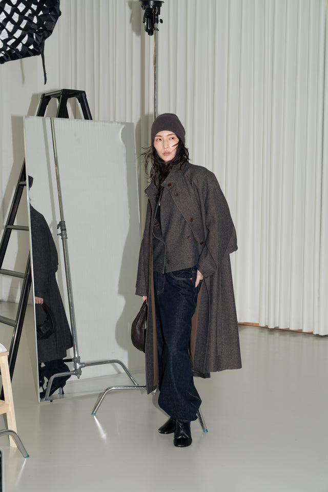 風衣式長版羊毛大衣 (褐棕)