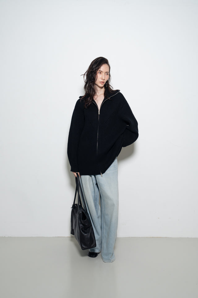 Unisex 拉鍊設計羊毛針織大外套 (黑)