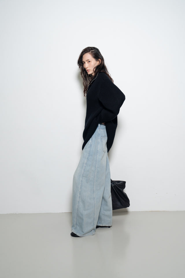 Unisex 拉鍊設計羊毛針織大外套 (黑)