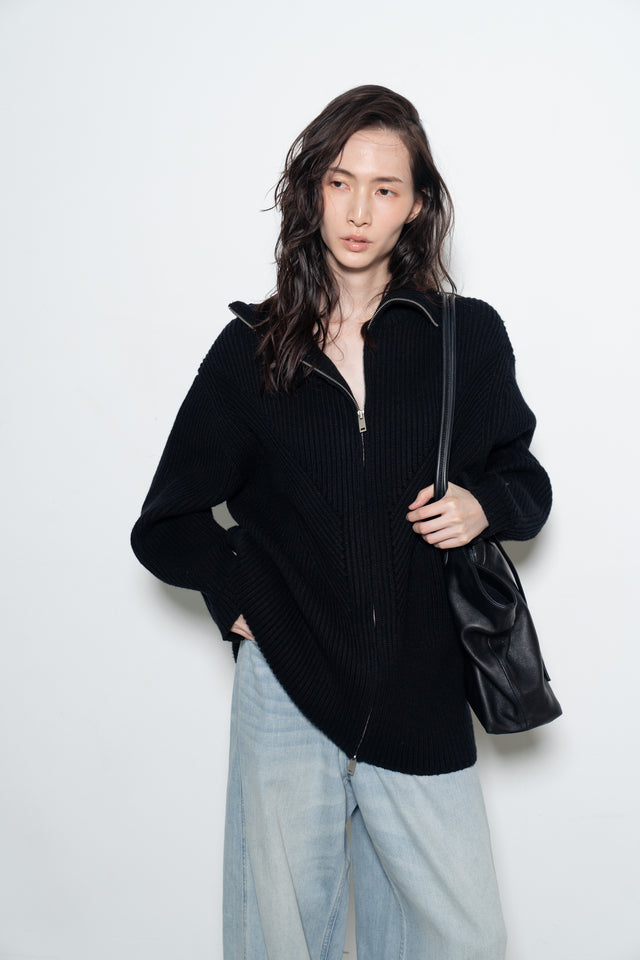 Unisex 拉鍊設計羊毛針織大外套 (黑)