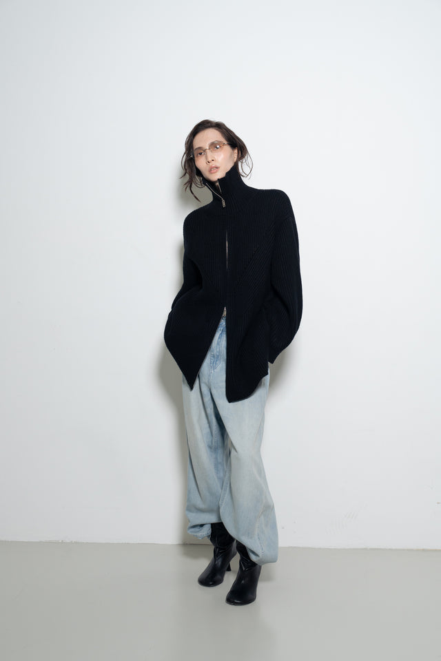 Unisex 拉鍊設計羊毛針織大外套 (黑)