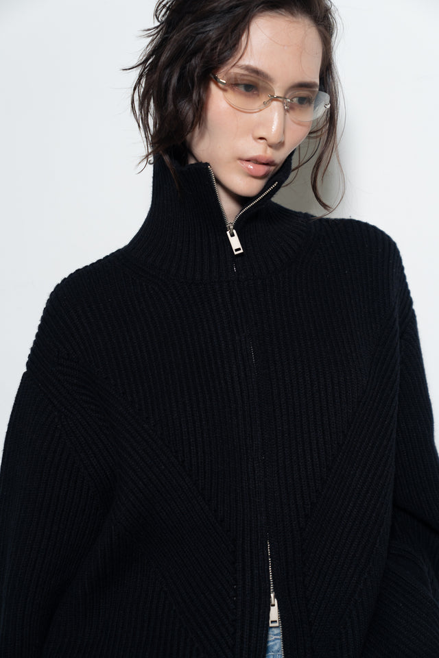 Unisex 拉鍊設計羊毛針織大外套 (黑)