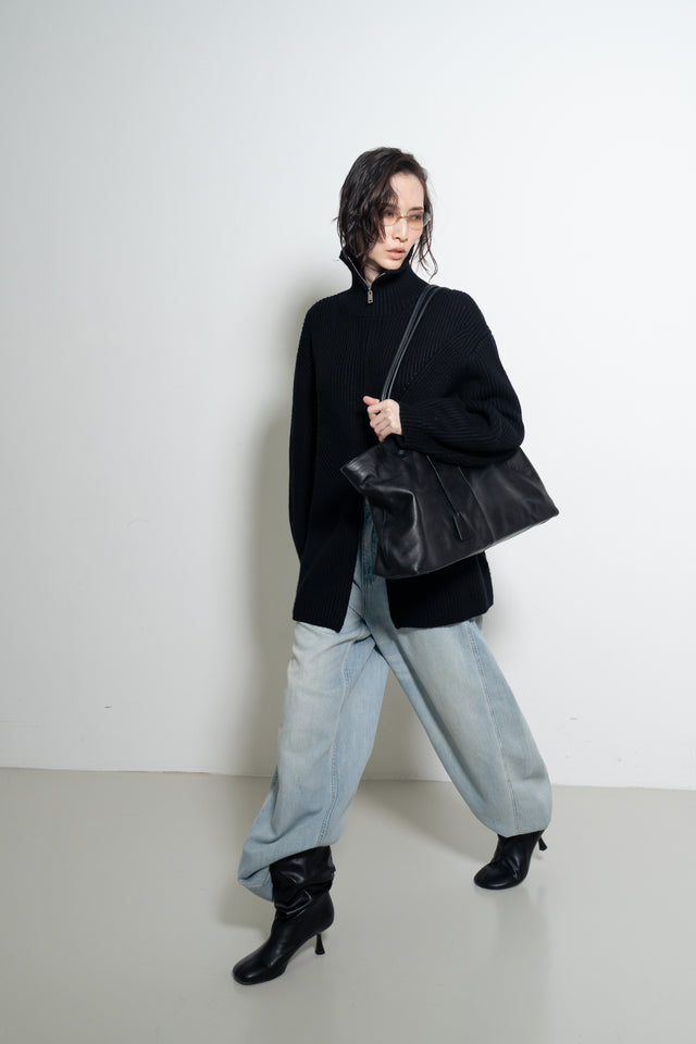 Unisex 拉鍊設計羊毛針織大外套 (黑)