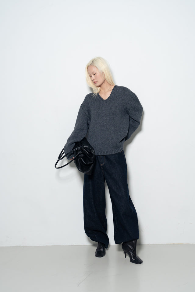 麻花領鬆軟大毛衣 (霧灰藍)