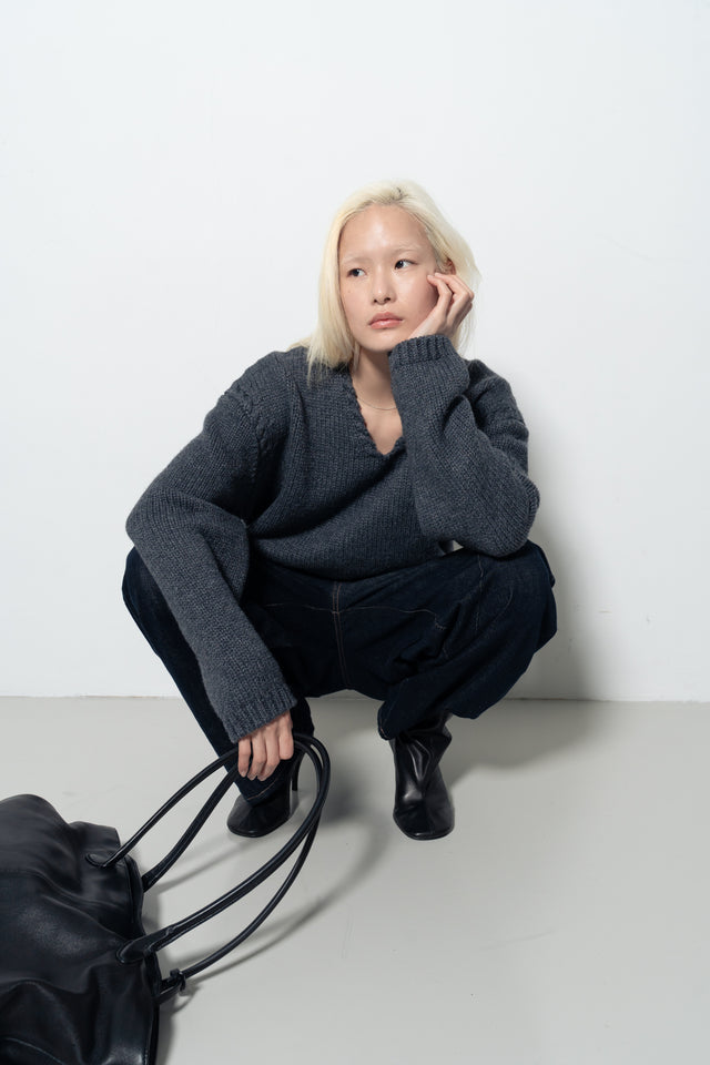 麻花領鬆軟大毛衣 (霧灰藍)