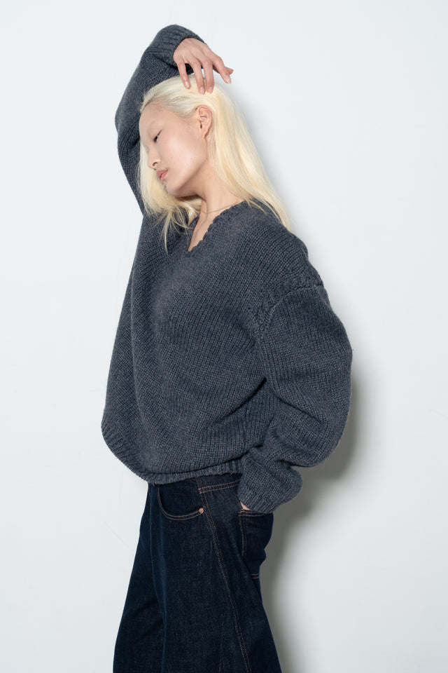 Soft, oversized sweater with a cable knit collar (dusty gray-blue)