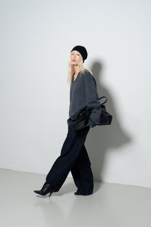 麻花領鬆軟大毛衣 (霧灰藍)