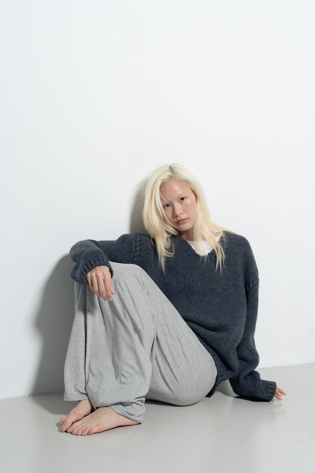 麻花領鬆軟大毛衣 (霧灰藍)