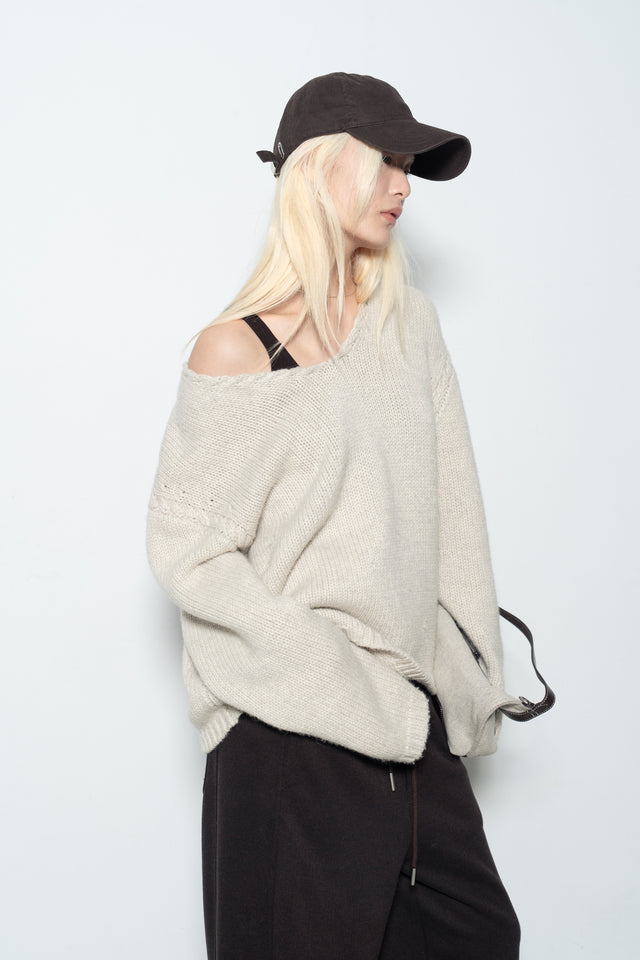 麻花領鬆軟大毛衣 (灰米)