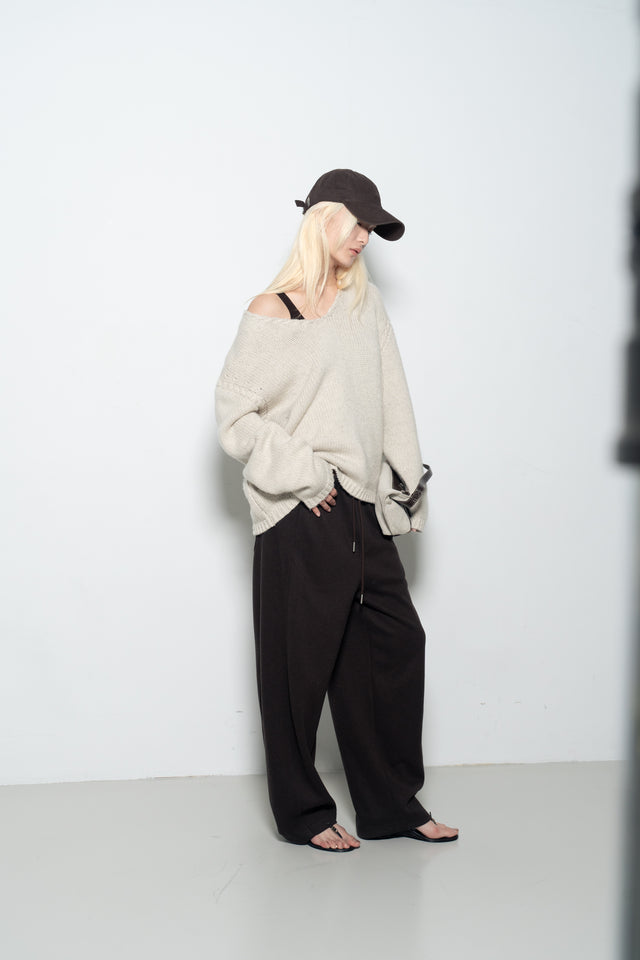 麻花領鬆軟大毛衣 (灰米)