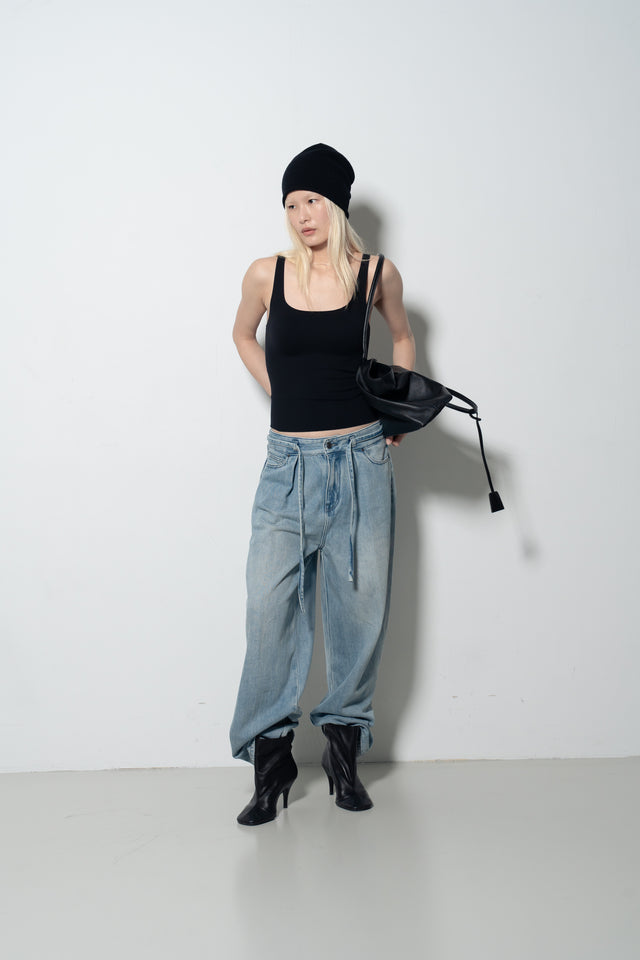 Ultra Soft Comfortable Single-Pleat Denim Pants (Wash Blue)