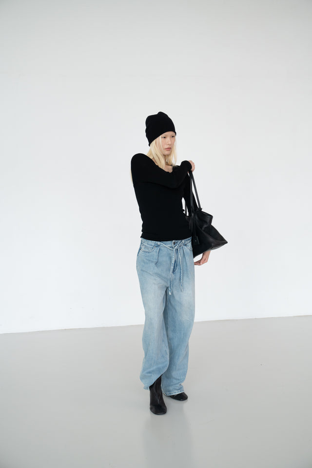 Ultra Soft Comfortable Single-Pleat Denim Pants (Wash Blue)