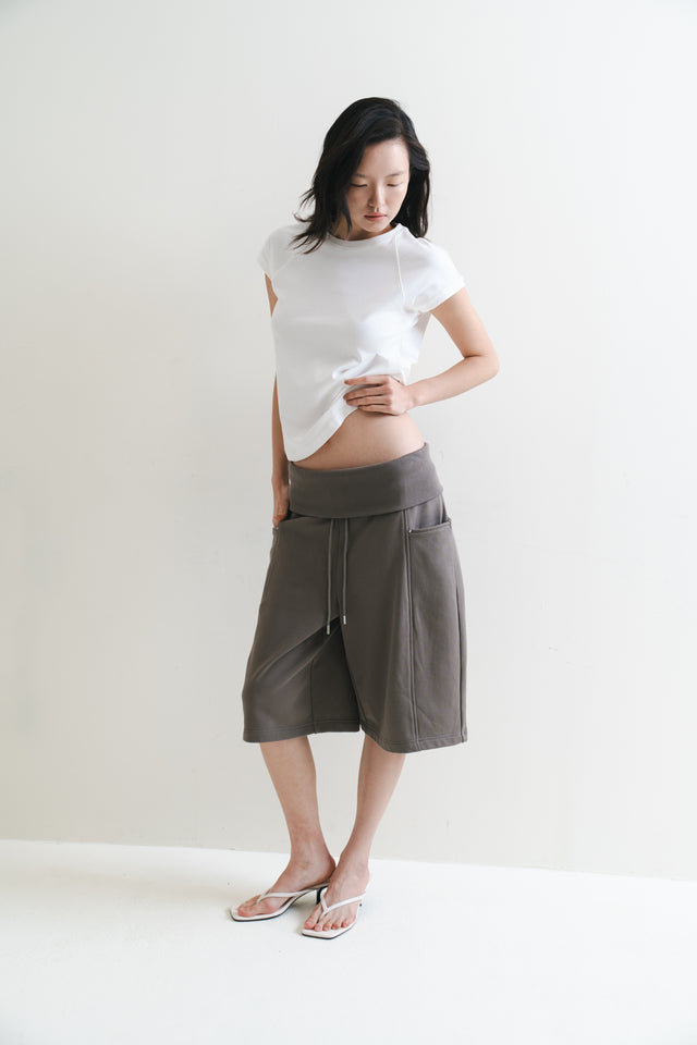 寬腰反摺六分棉褲 (橄欖)