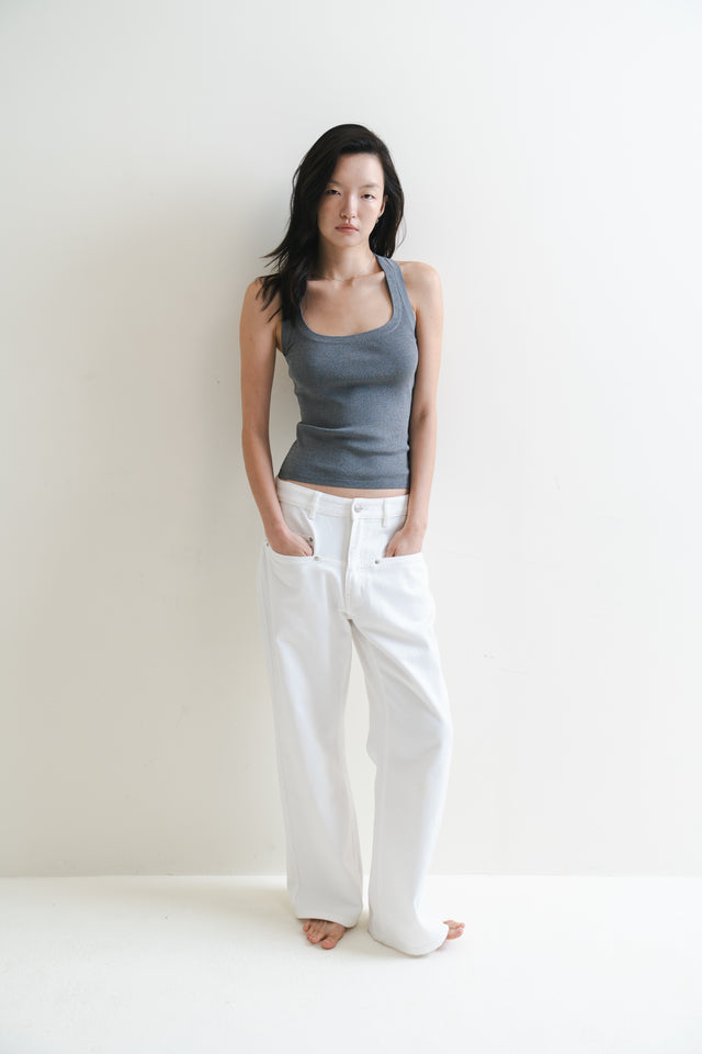 Silk Knit 寬邊大方領涼爽針織背心 (灰)