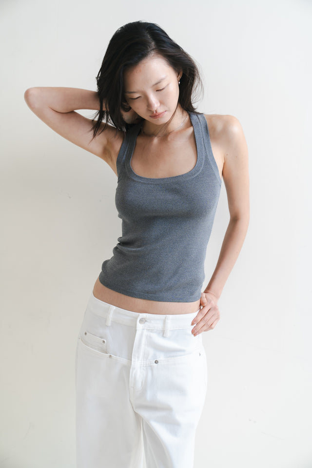 Silk Knit 寬邊大方領涼爽針織背心 (灰)