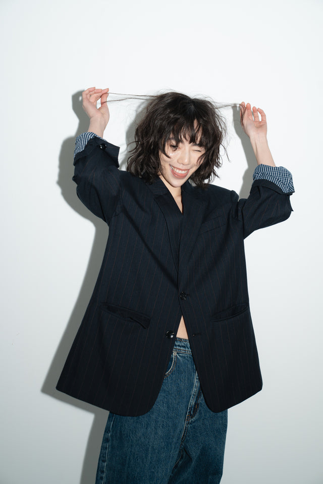 Unisex 獨特拼布質感暗紋西外 (深黑藍)