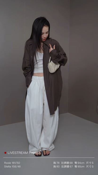 質感亞麻繭型長版襯衫 (橄欖棕)