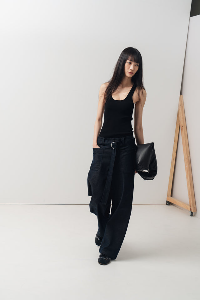 Ultra Soft 翻袋造型直筒丹寧褲(附腰帶) (深藍)