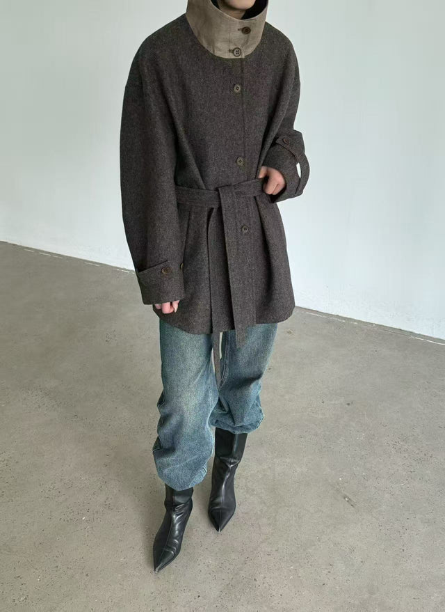 拼色立領中版羊毛大衣 (褐棕)