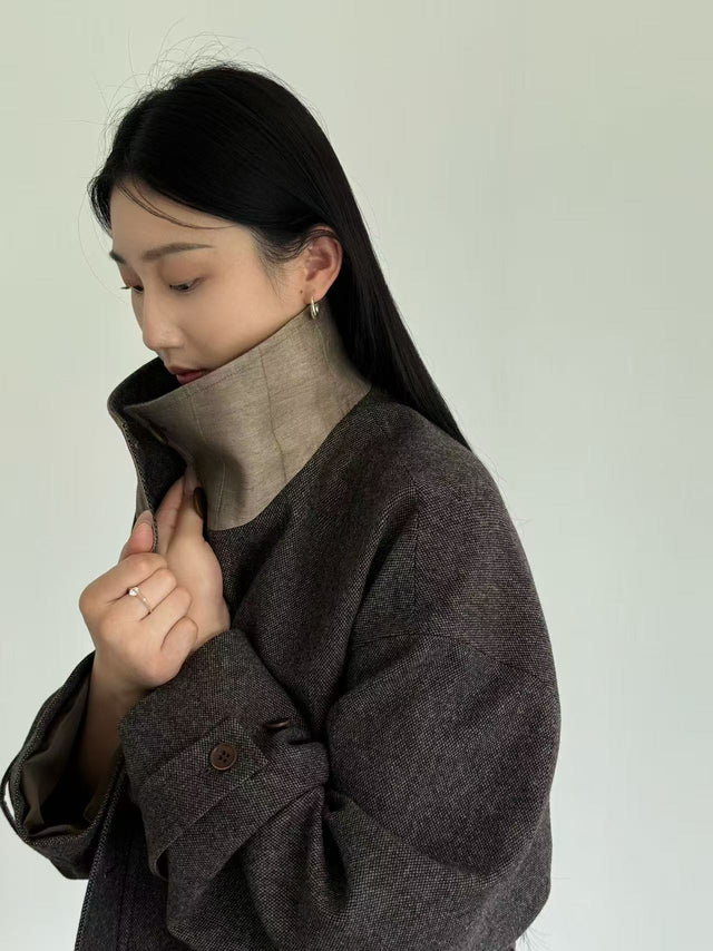 拼色立領中版羊毛大衣 (褐棕)