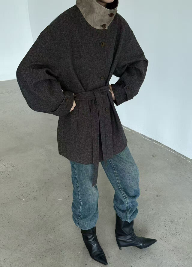 拼色立領中版羊毛大衣 (褐棕)