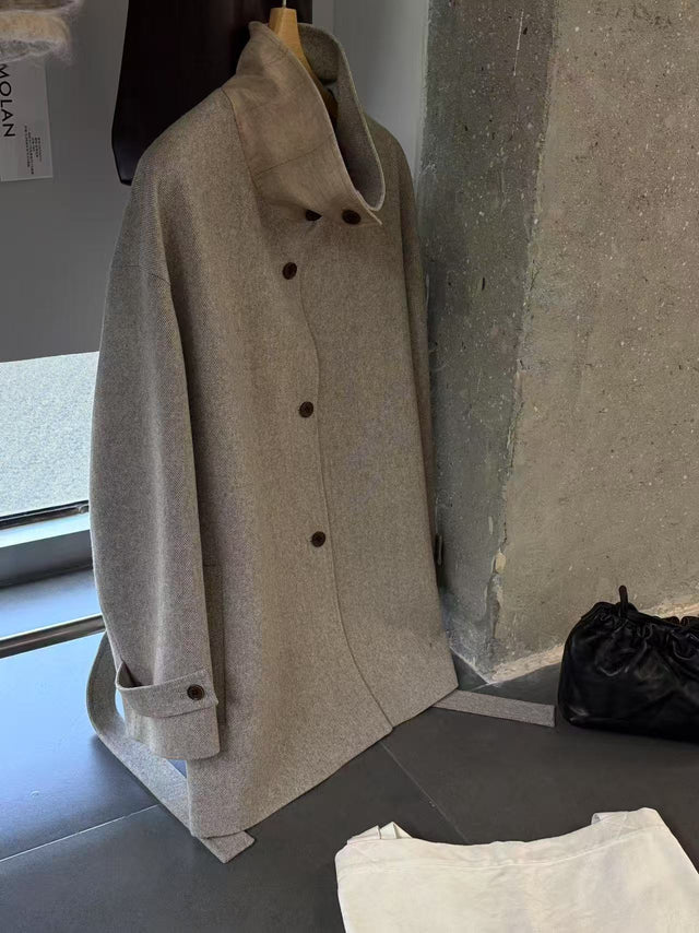 拼色立領中版羊毛大衣 (褐棕)