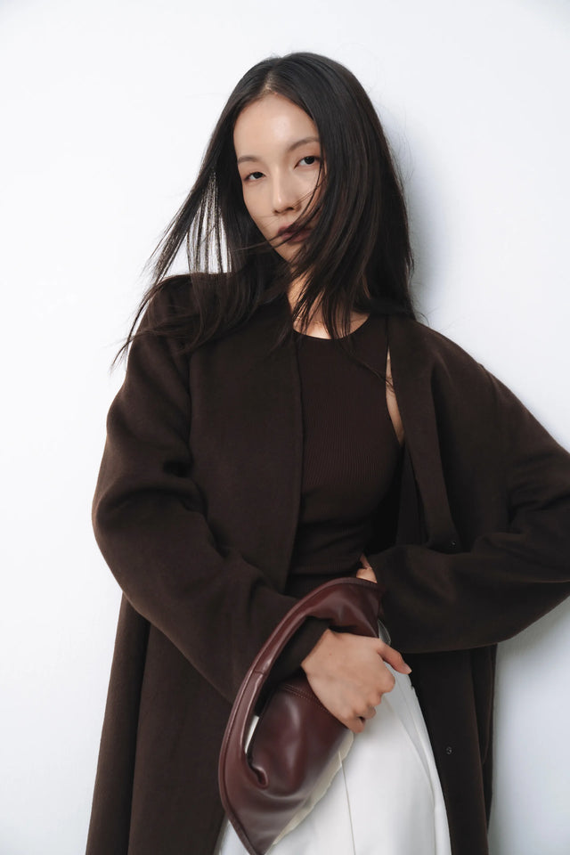 Minimalist collarless wool coat (dark brown)