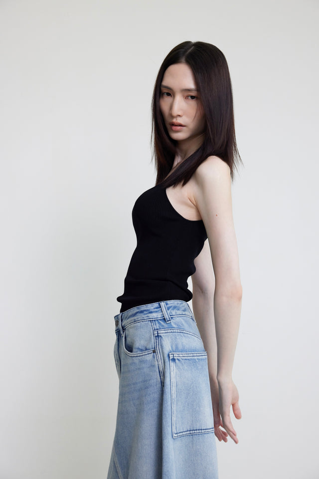 Silk Knit 夏日涼爽方U領針織背心 (黑)