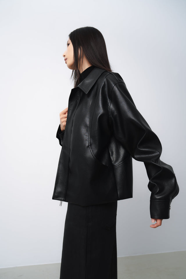 皮革外套-unisex-curved-cut-leather-jacket-black