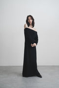 洋裝-one-line-slanted-shoulder-lazy-full-length-dress-black