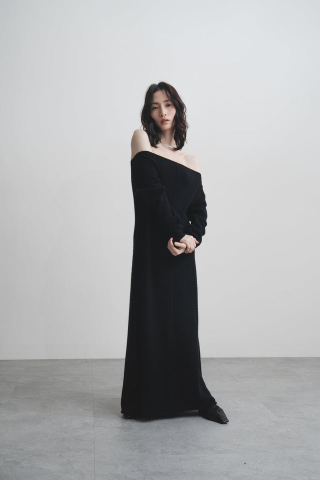 洋裝-one-line-slanted-shoulder-lazy-full-length-dress-black