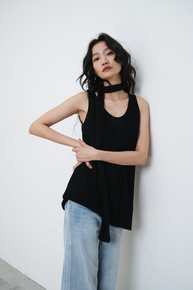 針織背心-casual-rolled-edge-linen-knitted-vest-black