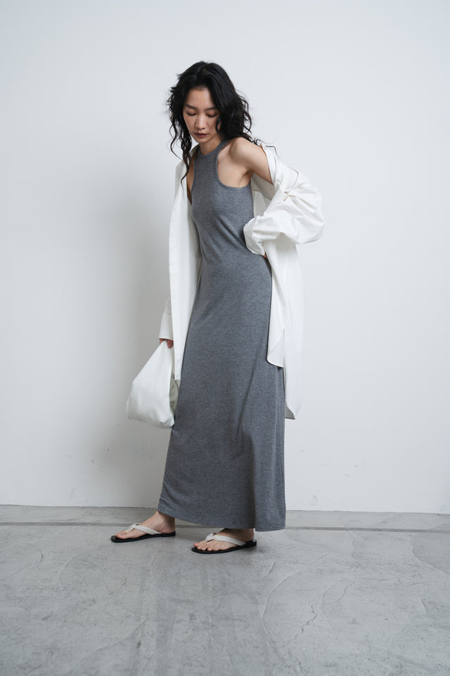 洋裝-soft-cotton-elastic-narrow-shoulder-dress-grey