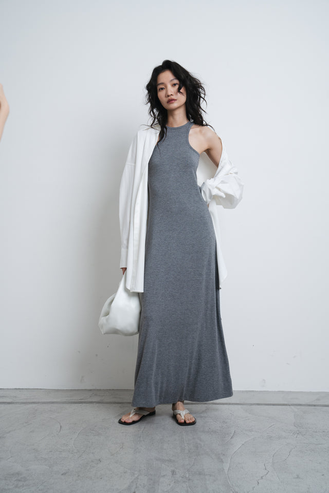 洋裝-soft-cotton-elastic-narrow-shoulder-dress-grey