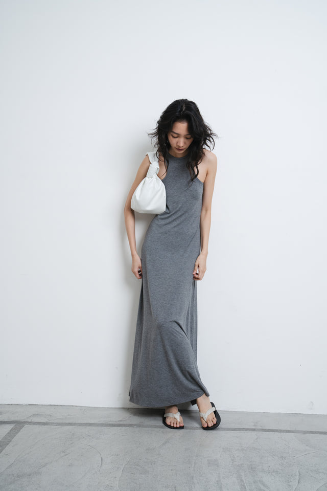 洋裝-soft-cotton-elastic-narrow-shoulder-dress-grey