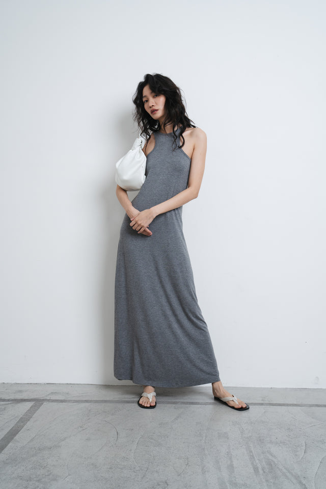 洋裝-soft-cotton-elastic-narrow-shoulder-dress-grey