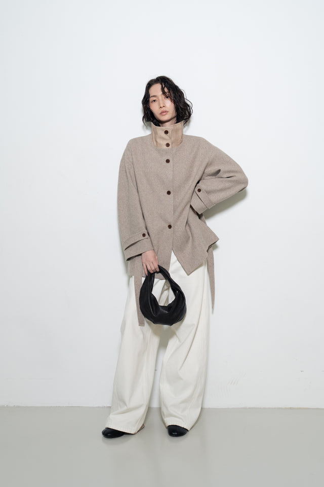 拼色立領中版羊毛大衣 (裸麥)