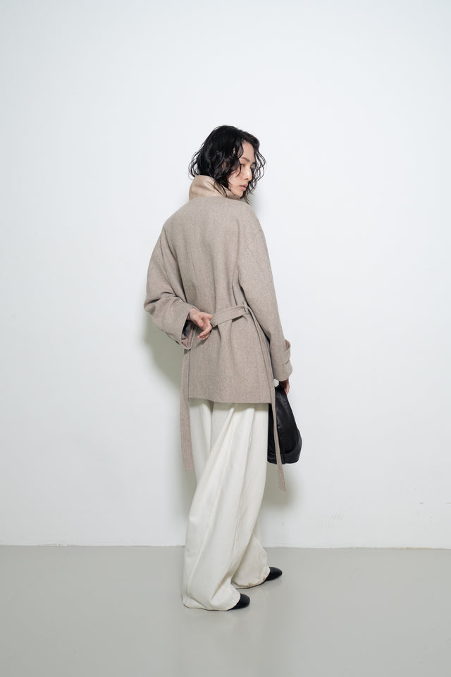 拼色立領中版羊毛大衣 (裸麥)