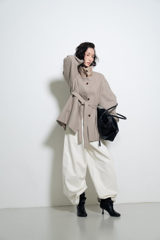 拼色立領中版羊毛大衣 (裸麥)