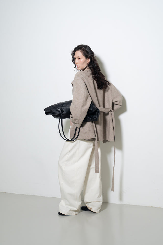 拼色立領中版羊毛大衣 (裸麥)