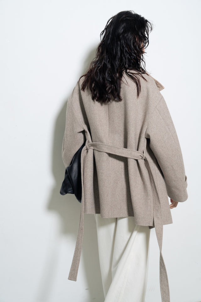 拼色立領中版羊毛大衣 (裸麥)