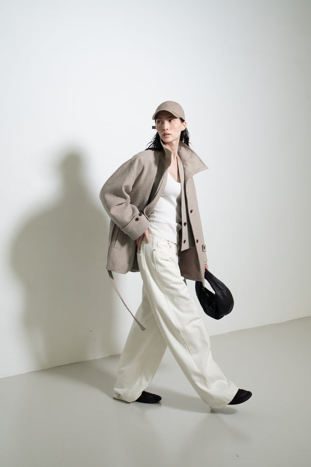 拼色立領中版羊毛大衣 (裸麥)