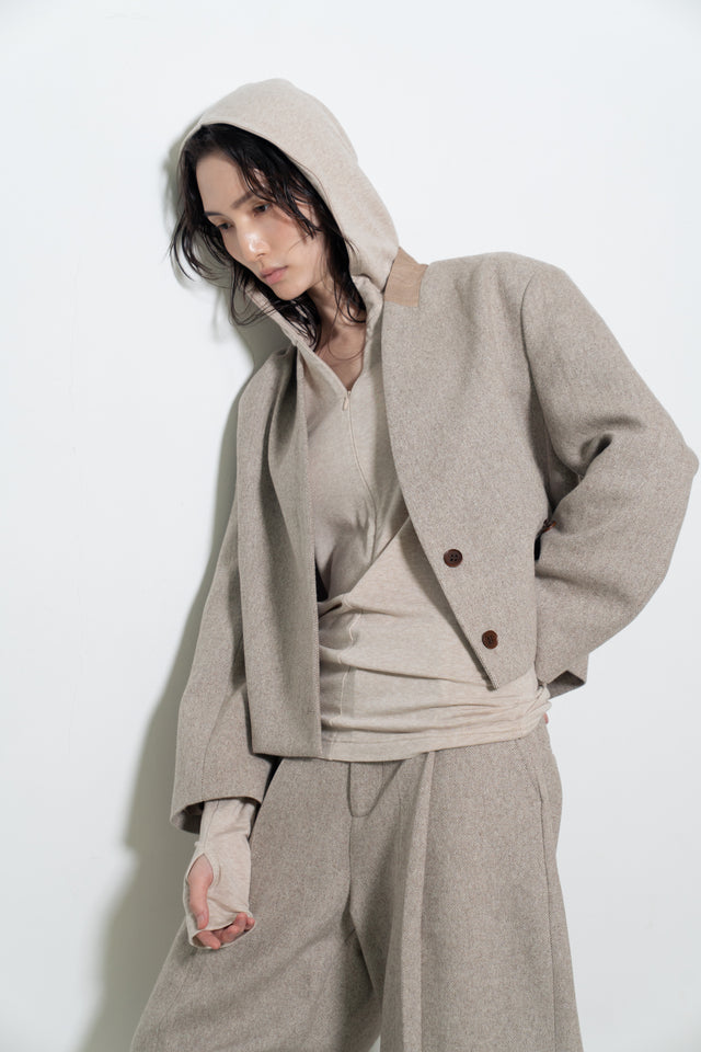 拼接領收腰短版西外 (裸麥)