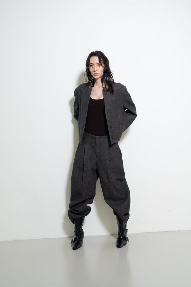 拼接領收腰短版西外 (褐棕)